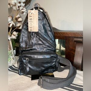 NWT Bed Stu Leather Andie Sling Backpack Black Rustic Retail $240